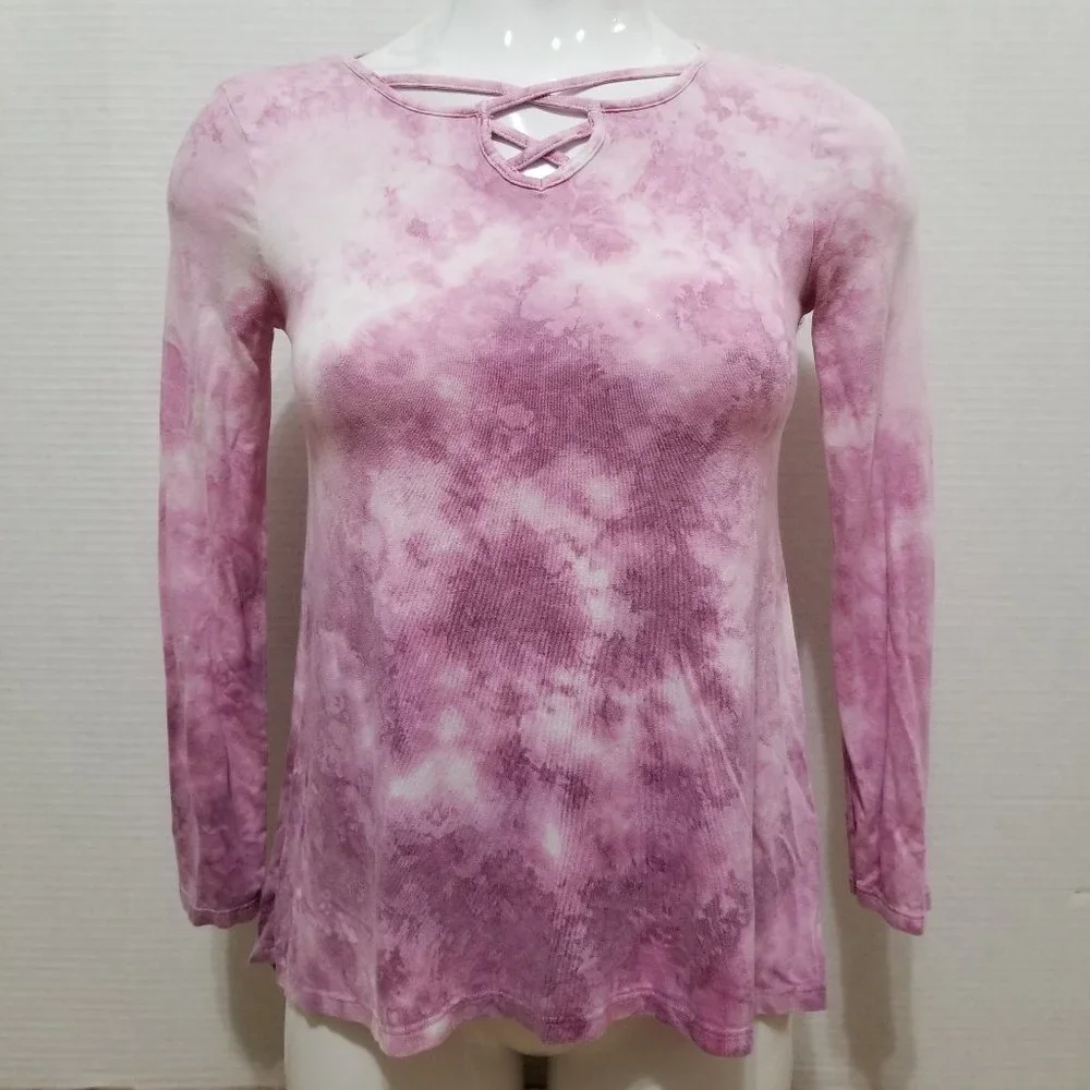Justice top 12 tie dye long sleeve criss cross keyhole neckline stretch